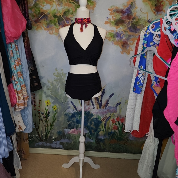 Two-Piece Black Halter Style Top, High Waist Bottom with Criss-cross Peakaboo - Picture 2 of 2